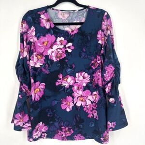 Susan Graver Floral Stretch Knit Bell Sleeve Blouse Small Dark Romantic Floral